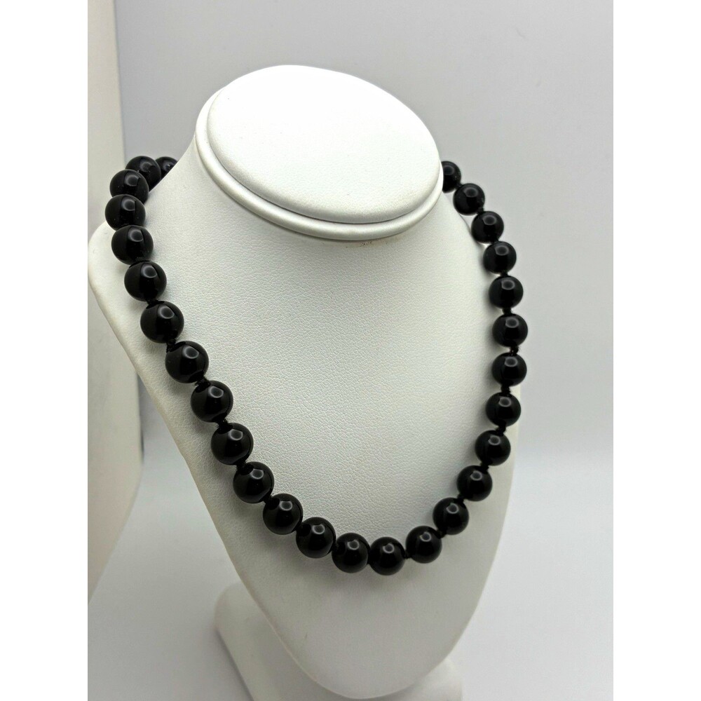Black Onyx? Bead Necklace 16ā Hand Knotted Gold Wash Sterling Clasp 33.7g Signed